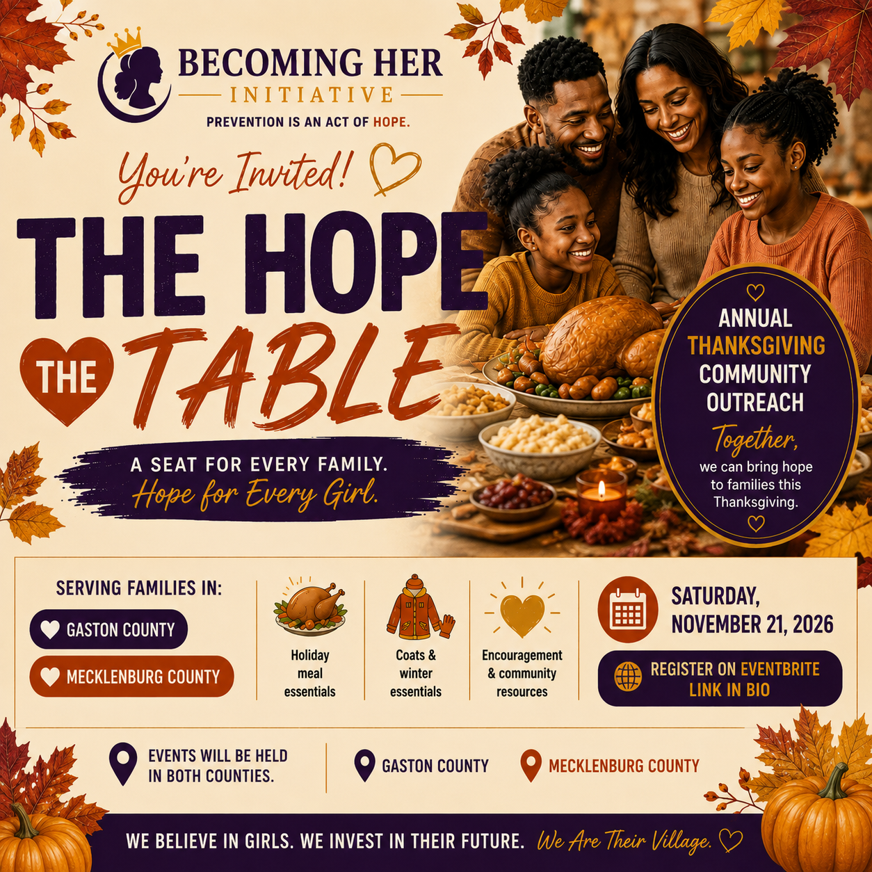 The Hope Table — Annual Thanksgiving Community Outreach flyer. Saturday, November 21, 2026. Serving families in Gaston County and Mecklenburg County, NC. Register on Eventbrite.